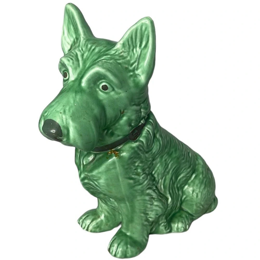 VINTAGE Sylvac Green Terrier Sitting Dog Figurine Made in England * Damaged  *